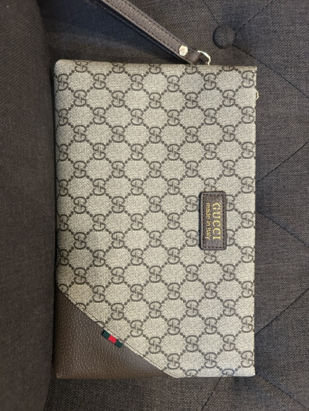 Gray GG Supreme Wristlet Clutch with Brown Leather Trim